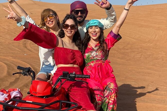 Combo:Deluxe Desert Safari with dinner + ATV self-drive/Quad Bike - The Camp Arrival Moment: Falcon Photo, Coffee, Henna, and Camel Ride