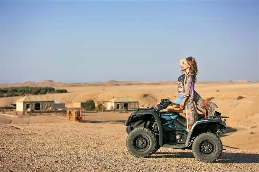 From Marrakech: Agafay Desert Sunset, Quad Biking, & Dinner - Dinner in candlelit huts: harira and tajine, plus a clear veggie lane