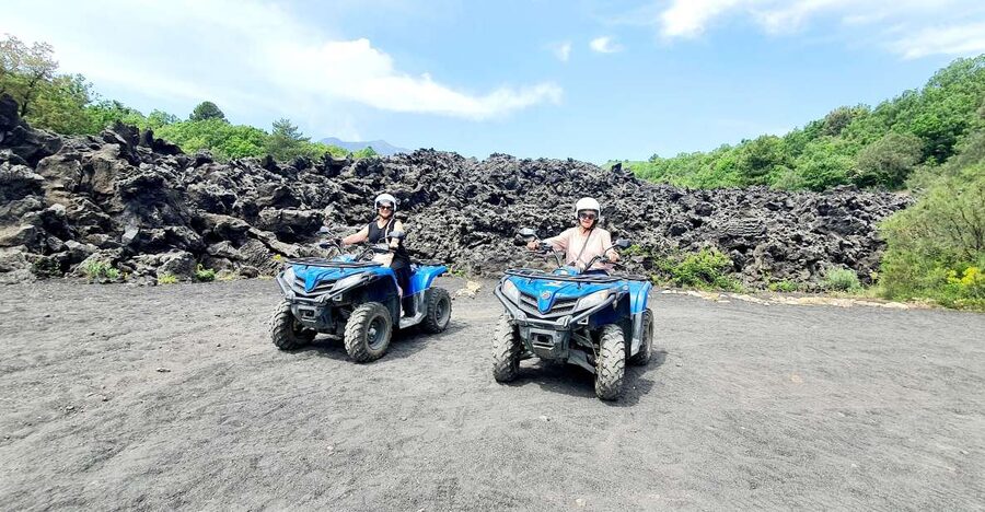 Motta Camastra: Quad Bike Tour to the Alcantara Gorges - The quad bike setup: helmet, hygiene cap, and riding two-up
